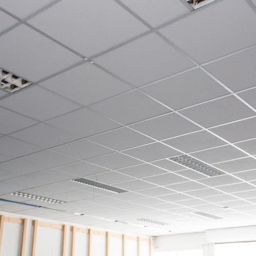 Suspended,Ceiling,With,Led,Square,Lamps,Sin,The,Office,Close-up